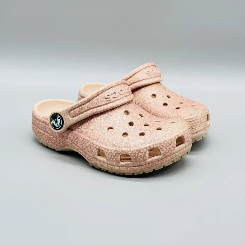 Crocs Shoes Girls 8 Pink Glitter Classic Clog Slip On Sandals Lightweight Casual